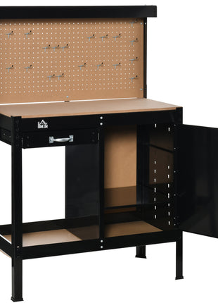 Multipurpose Workbench, Workshop Tool Table with Slide Drawer. Peg Board, Storage Cabinet with Keys