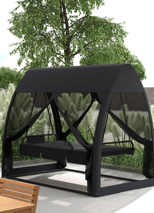 3 Seat Outdoor Swing Chair Convertible Covered Day Bed with Canopy, Mesh Netting, Steel Stand for Garden, Patio, Gray