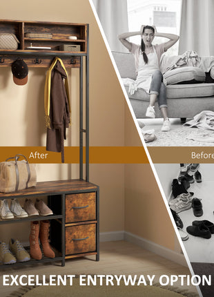 Hall Tree with Bench and Shoe Storage, 5-in-1 Entryway Bench with Coat Rack, 3 Storage Shelves, 2 Fabric Drawers, Brown