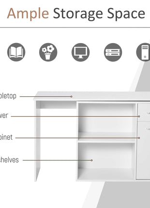 L Shaped Computer Desk, 180° Rotating Corner Desk with Storage Shelves, Drawer and Cabinet, Study Workstation for Home Office, 47.25"x19.75"x 53.75", White