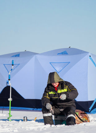 8 Person Ice Fishing Shelter, Pop-Up Ice Shanty Tent, Insulated Portable Tent with 2 Doors & Carrying Bag, Light Blue
