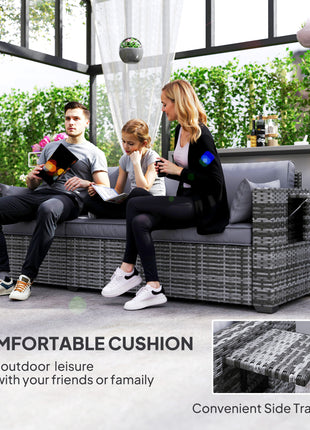 3 Seater Wicker Sofa with Side Trays, Outdoor Patio Couch with 6" Thick Back Cushions, Deep Seating, Mixed Gray