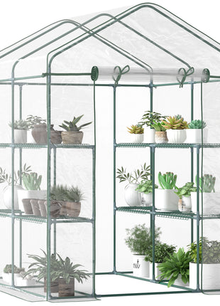 5' x 5' x 6' Mini Walk-in Greenhouse Kit, Portable Green House with 3 Tier Shelves, Roll-Up Door, and Weatherized Plastic Cover for Backyard Garden, Clear