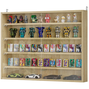 5-Tier Display Cabinet, Wall-Mounted Display Case with 2 Glass Doors and Adjustable Shelves, Oak