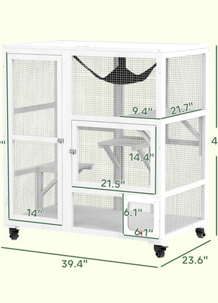 Cat House, Indoor Cat Enclosure on Wheels with Openable Top, 39", White