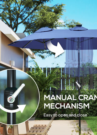 Double-sided Patio Umbrella, 9.7' Outdoor Umbrella with Tilt and Crank, LED Solar Light and 12 Ribs, Navy Blue