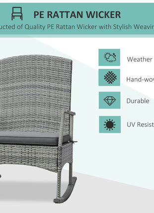 3 Piece Outdoor PE Rattan Rocking Chair Set, Patio Wicker Recliner Rocker Chair with Soft Cushion & Nature Wood Top Coffee Table, Gray