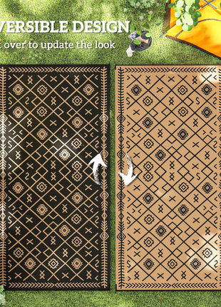 Reversible Outdoor Rug, Waterproof Plastic Straw with Carry Bag, 9' x 18', Black & Brown Rhombus