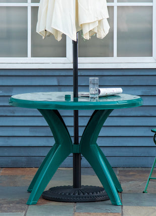 36.25" Dia Round Plastic Patio Table with Umbrella Hole, Outdoor Bistro Dining Table, for Bar, Garden, Backyard, Poolside, Yard, Green