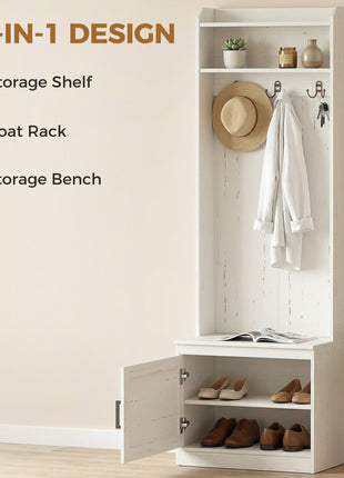 Narrow Hall Tree with Shoe Storage Bench, Rustic Entryway Bench with Coat Rack, Accent Coat Tree with Storage Shelves for Hallway, Mudroom, White Wood Grain