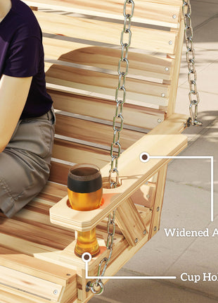 3-Seater Swing Bench, Wooden Porch Swing with Cupholders, Hanging Chains for Patio Garden, Nature Wood