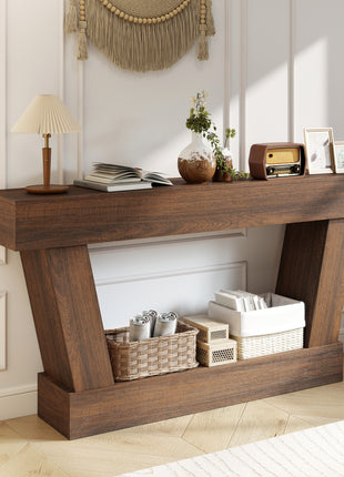 63 Inch Vintage Console Table, Narrow Entryway Table with Open Shelf for Living Room, Brown