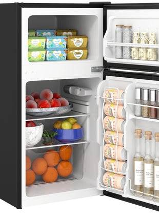 3.2 Cu.Ft Mini Fridge with Freezer, Compact Refrigerator with Adjustable Thermostat, Shelf and Double Reversible Door for Bedroom, Dorm, Home Office, Energy Efficient, Black