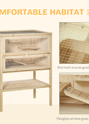 3-Tier Wooden Hamster Cage Mice and Rat Cage Small Animals Hutch with Openable Top, Front Door, Shelf, Natural Wood