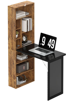 Fold-out Convertible Home Office Desk, Computer Desk with Blackboard and Side Shelf, Rustic Brown