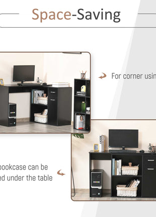 L Shaped Computer Desk, 180° Rotating Corner Desk with Storage Shelves, Drawer and Cabinet, Study Workstation for Home Office, Black