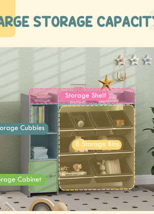 Toy Storage Organizer with 8 Bins, 2 Storage Cubbies, Shelf, Drawer, Gray