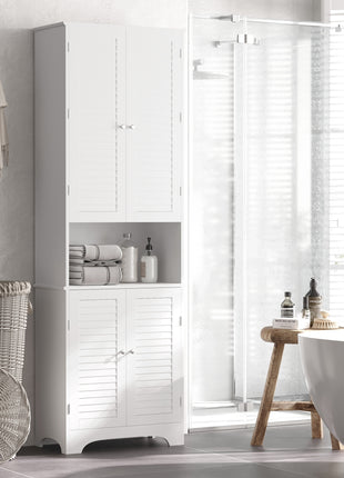 Tall Narrow Bathroom Storage Cabinet with Doors and Shelf Adjustability, Freestanding Linen Cabinet with 2 Cabinets and Countertop, White