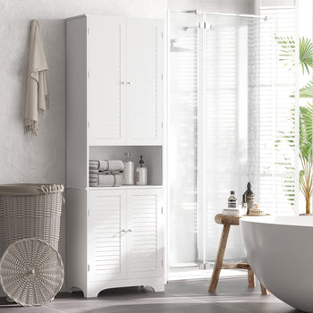 Tall Narrow Bathroom Storage Cabinet with Doors and Shelf Adjustability, Freestanding Linen Cabinet with 2 Cabinets and Countertop, White