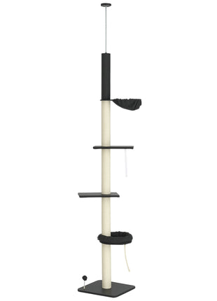 Floor To Ceiling Cat Tree, 5-Tier Cat Climbing Tower, 95''-106'' Height Adjustable with Carpeted Platforms, Cozy Bed, Hammock, Scratching Post & Toy Ball for Indoor Cats, Dark Gray and Cream