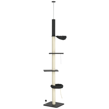 Floor To Ceiling Cat Tree, 5-Tier Cat Climbing Tower, 95''-106'' Height Adjustable with Carpeted Platforms, Cozy Bed, Hammock, Scratching Post & Toy Ball for Indoor Cats, Dark Gray and Cream