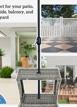 Outdoor Side Table with Umbrella Hole, 2 Tier Rattan Wicker End Table with Storage Shelf, All Weather for Patio, Garden, Backyard, Mixed Gray