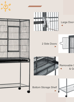 30" Rolling Metal Bird Cage Feeder with Detachable Rolling Stand, Storage Shelf, Wood Perch & Food Container