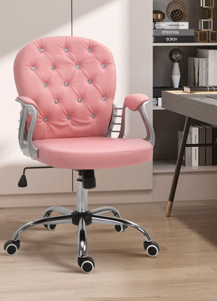 Makeup Vanity Chair, PU Leather Computer Task Chair with Button Tufted, Padded Armrests, Adjustable Height and Swivel Wheels, Pink