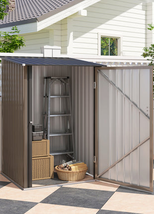 Outdoor 3.3' x 3.4' Lean-to Garden Storage Shed, Galvanized Steel Tool House with Lockable Door for Patio, Brown