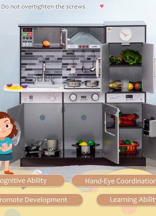 Wooden Play Kitchen with Lights Sounds, Kids Kitchen Playset with Washing Machine, Water Dispenser, Microwave, Range Hood, Refrigerator, Utensils, Gift for 3-6 Years Old