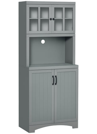 Storage Cabinet with Adjustable Shelves and Microwave Space, 70" Pantry Cabinet with Glass Framed Door, Gray