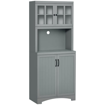 Storage Cabinet with Adjustable Shelves and Microwave Space, 70" Pantry Cabinet with Glass Framed Door, Gray