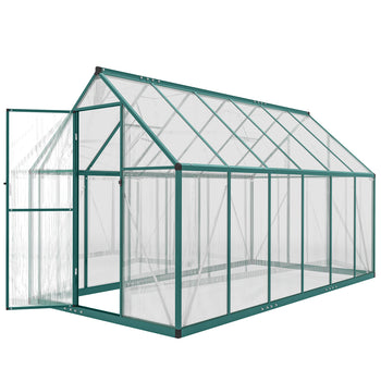 Polycarbonate Greenhouse with Swing Door and Two Adjustable Roof Vents, Aluminum Walk-in Greenhouse, 11x6 ft, Dark Green