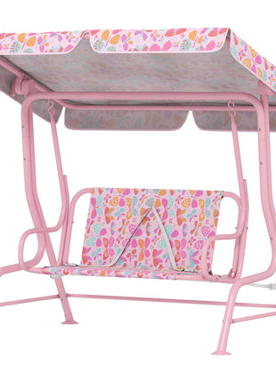 Kids Patio Swing, 2-Seater Outdoor Porch Swing with Safety Belt and Adjustable Canopy for Backyard Garden, Pink