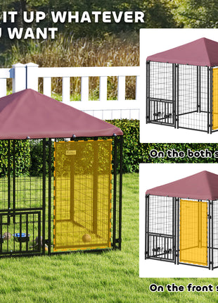 Welded Wire Outdoor Dog Kennel with 360° Rotating & 4 Levels Adjustable Bowls, Waterproof Cover, 4.6' x 4.6' x 5'
