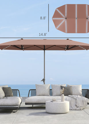 15ft Double-Sided Outdoor Umbrella with Solar Lights, UPF50+ Extra Large Aluminum Patio Umbrella with Crank, Tan
