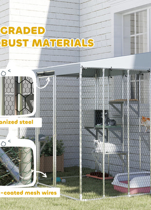 79" Galvanized Steel Large Catio with Waterproof Canopy, Sleeping Box, Jumping Platforms, for 1-3 Kittens, Silver