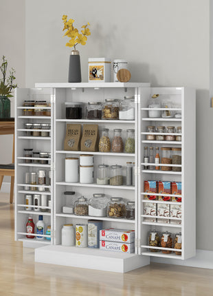 Freestanding Kitchen Pantry, Kitchen Storage Cabinet with 5-Tier Shelf, 12 Spice Racks, Adjustable Shelves, White
