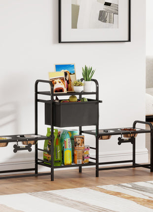 3 Height Adjustable Dog Bowl Stand with 2 Feeding Stations, Toy Bin Basket, Black