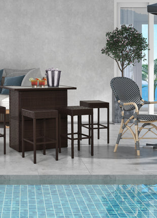 5 Piece Wicker Outdoor Bar Set, High Top Outdoor Table and Chairs, Height Patio Set with Glass Table Top 2 Tier Storage Shelf and 4 Bar Stools for Garden, Poolside, Dark Brown