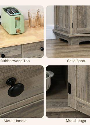 Kitchen Storage Cabinet, Sideboard Floor Cupboard with Solid Wood Top, Adjustable Shelf, and 3 Drawers, Distressed Gray