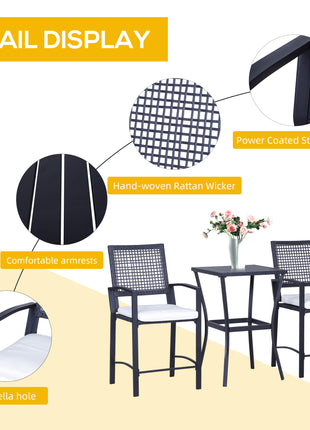 3pcs Patio Bar Set with Soft Cushion, Rattan Wicker Outdoor Furniture Set for Backyards, Lawn, Deck, Poolside