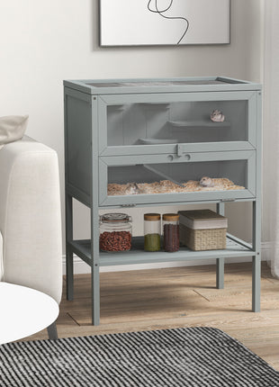 3-Tier Wooden Hamster Cage Mice and Rat Cage Small Animals Hutch with Openable Top, Front Door, Storage Shelf, Gray