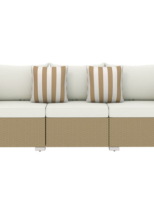 Rattan Wicker 3 Seater Patio Couch with Cushions, 2 Throw Pillows, Outdoor Furniture Rattan Sofa, Cream White