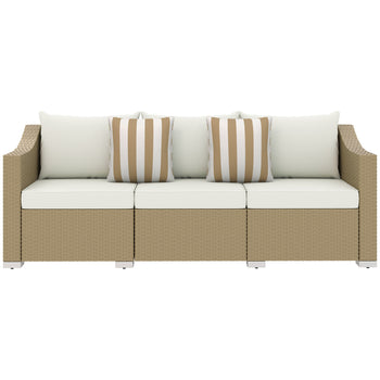Rattan Wicker 3 Seater Patio Couch with Cushions, 2 Throw Pillows, Outdoor Furniture Rattan Sofa, Cream White