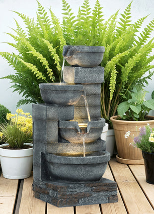 30" Tall Outdoor Waterfall Fountain with LED Lights, 4-Tier Resin Cascading Water Bowls with Pump, Gray