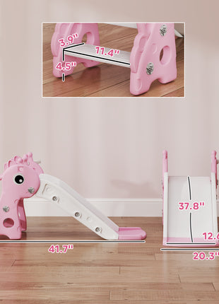 3-in-1 Toddler Slide for Age 1-3, Freestanding Kids Slide with Climber, Basketball Hoop and Ball, Giraffe Design, Pink
