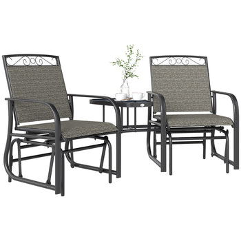 Outdoor Glider Chairs with Coffee Table, Patio 2-Seat Rocking Chair Swing with Breathable Sling for Backyard, Gray