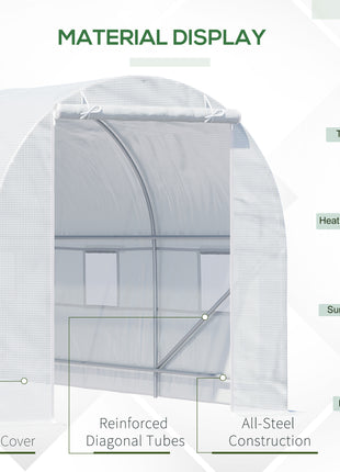 15' x 7' x 7' Walk-In Tunnel Greenhouse, Large Garden Hot House Kit with 6 Roll-up Windows & Roll Up Door, Steel Frame, White