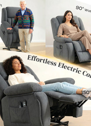 Overstuffed Power Lift Recliner Chair with Vibration Massage and Heat, Side Pockets, Pocket Spring, for Adults, Gray
